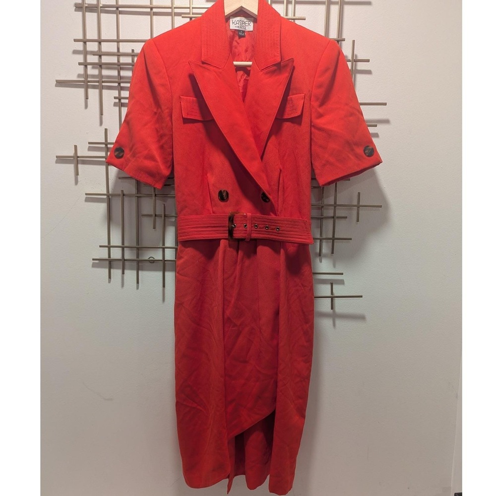 Vtg 90s Kasper for ASL Red Wrap Dress Double Breasted Belted Short Sleeve Sz 4